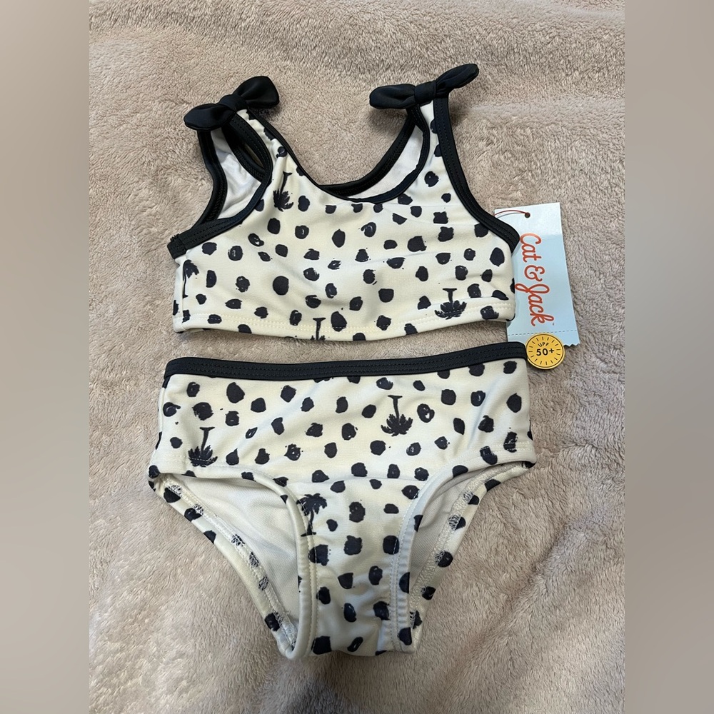 Cat & Jack Girl’s Black White Polka Dot Palm Tree Bikini Swim Set 12Mo NWT